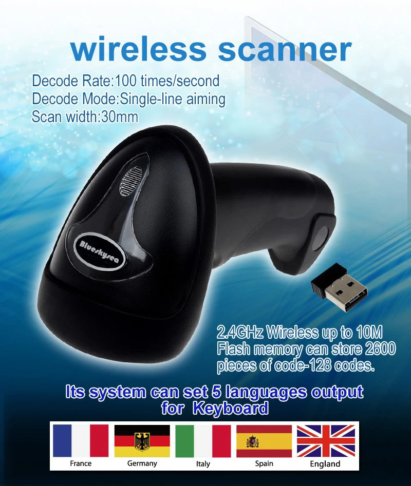 Free Shipping Wireless Barcode Scanner Bar Code Reader 2.4G 10m Laser Barcode Scanner Wireless/Wired For Windows CE Free Shipping Wireless Barcode Scanner Bar Code Reader 2.4G 10m Laser Barcode Scanner Wireless/Wired For Windows CE