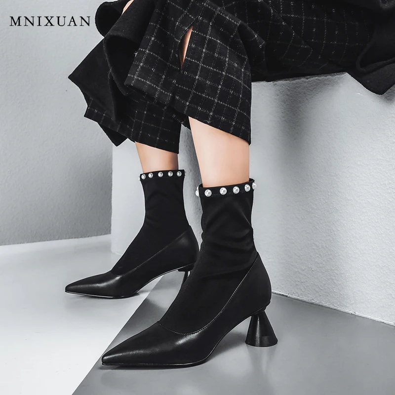 

MNIXUAN ankle boots for women fashion Handmade Genuine Leather real high heels 2018 Spring autumn point toe shoes black size 40