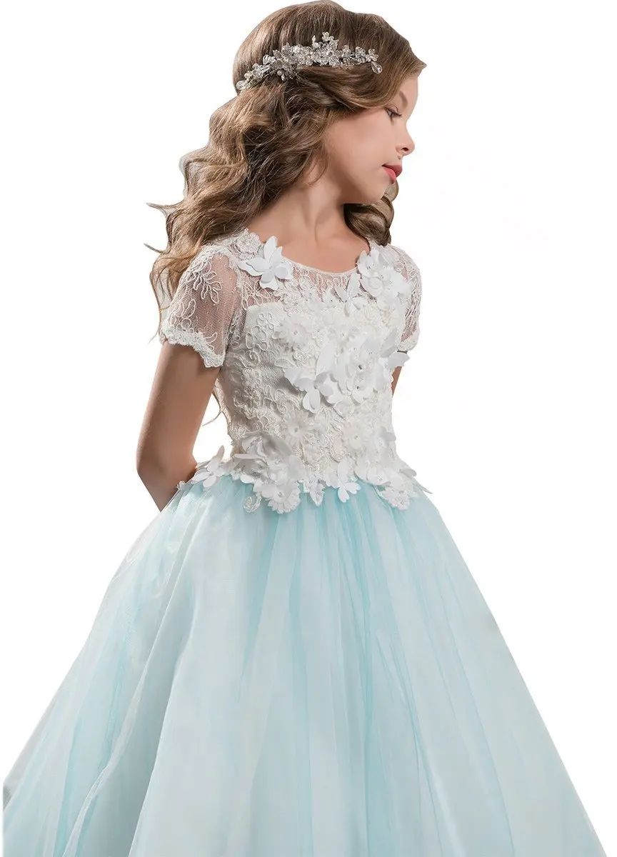 Abaowedding голубая бабочка платья для девочек с бальное платье с рукавами Дети Платье для первого причастия Длинные Цветочные Девушки