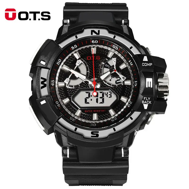 Смотреть ОТС большой циферблат военные спортивные часы Мода для Для мужчин ПУ ремешок Водонепроницаемый Dual Time Цифровые часы relojes hombre