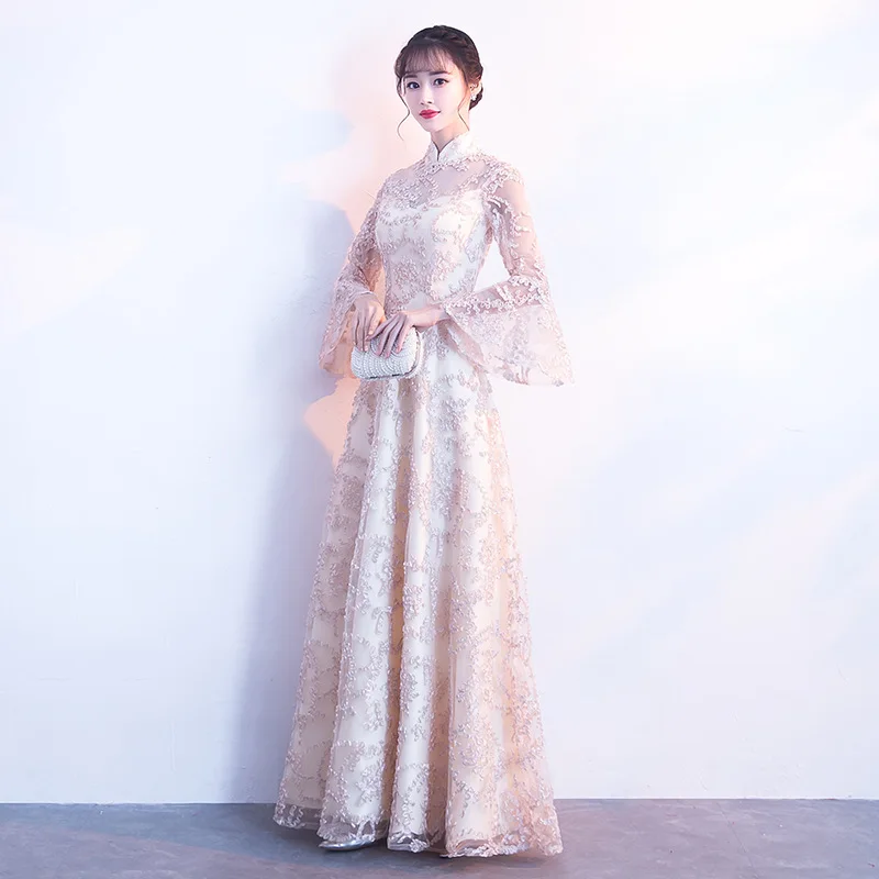 Шампанское колокол рукав восточные платья Китайская Невеста винтажное традиционное свадебное платье Чонсам длинное Qipao Плюс Размер 3XL