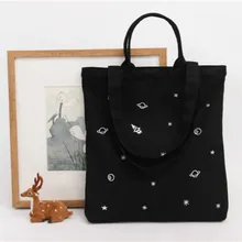 Хлопковая холщовая продуктовая переносная сумка для покупок Большая вместительная эко многоразовая черная сумка на плечо с вышивкой