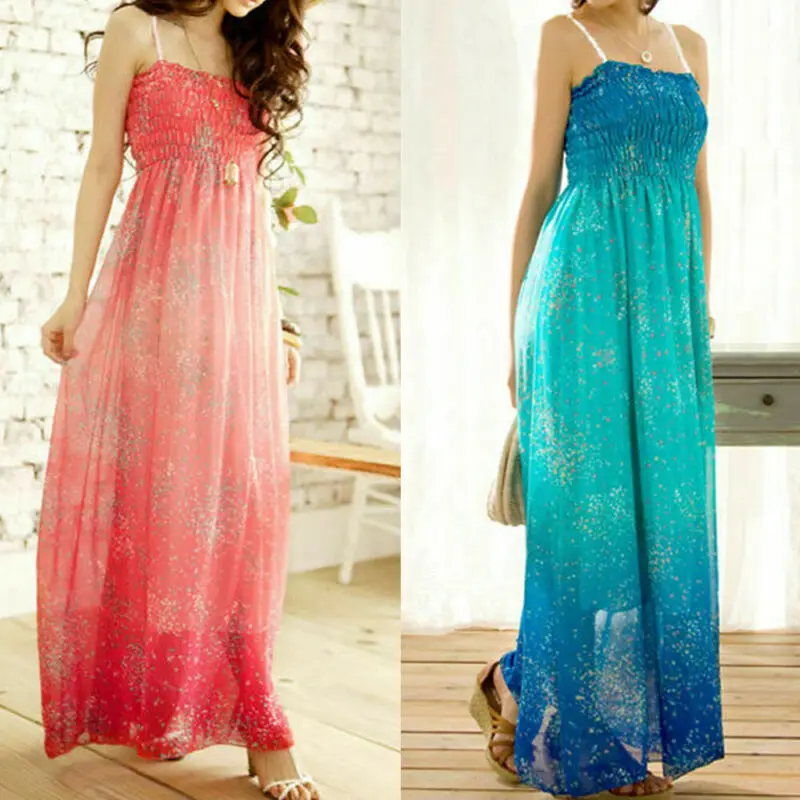 

Womens Floral Sleeveless Boho Long Maxi Dress Long Sleeve Pleated Stretch Evening Party Summer Beach holiday Chiffon Sundress