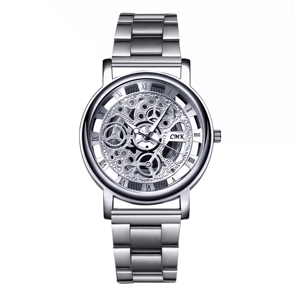 

Fashion Silver Golden Luxury Hollow Steel Watches Wrist Watch Clock Retro Relogio Masculino Reloj Hombre Watch Men