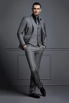 

High Quality Gray Groom Tuxedos Notch Lapel Groomsmen Best Man Mens Wedding Suit (Jacket+Pants+Vest+Tie) W:198