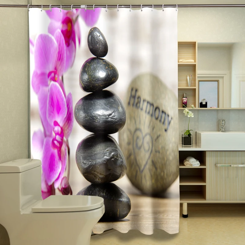 

New 3D Shower Curtains Black Stone & Flowers Pattern Waterproof Fabric Bathroom Curtains Washable Bath Curtain Bathroom Products