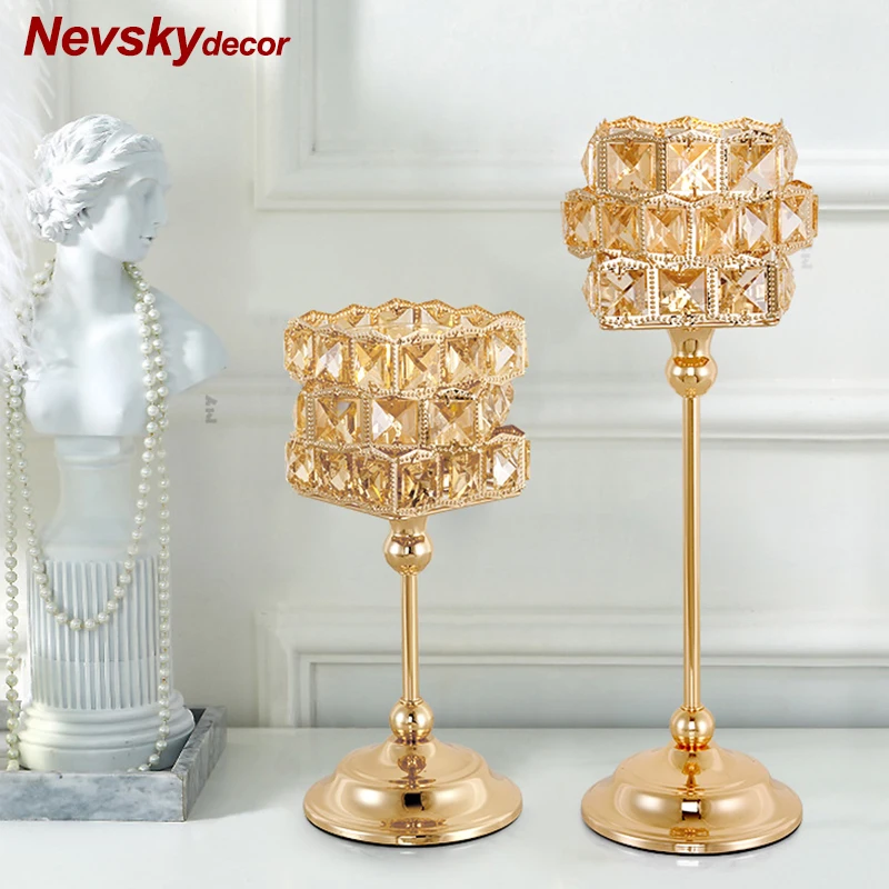 

Modern golden brass Crystal Candlestick Light Romantic Candlelight Dinner Home Candle Holders For Wedding Decoration Centerpiece