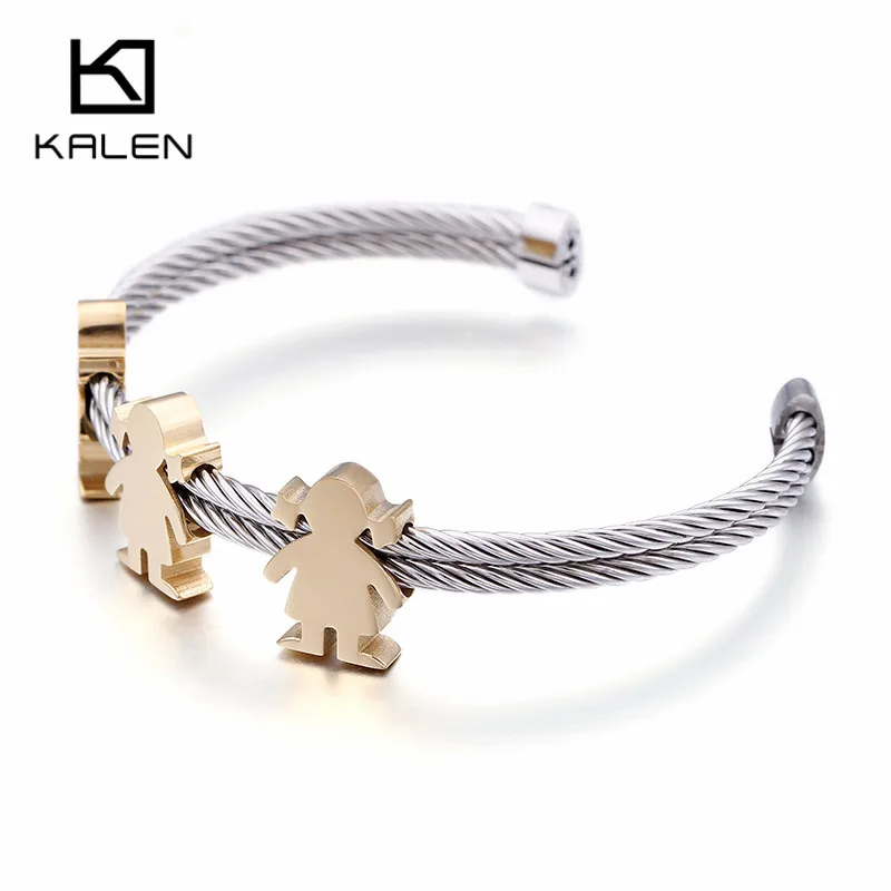 

KALEN Stainless Steel Italy Gold Cuff Bangles For Women Three Cartoon Girls Boys Charm Bracelets Bangle Jewelry Two Link Bangles