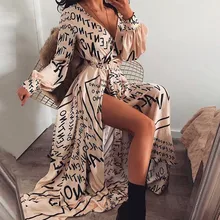 Women Letter Print Long Sleeve V-Neck Thigh Slit Long Maxi Dress for Summer -OPK fashionable fitted slit v neck ini dress for women
