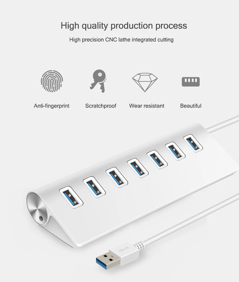 7-port USB 3.0 Hub 60cm Cable Portable Upto 5Gbps Super Speed Silver Anti-slip Chargeable Splitter For Multi USB Devices