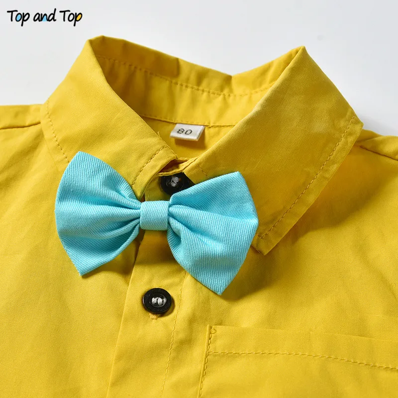 Топ и топ, модная одежда для маленьких мальчиков рубашка с короткими рукавами и галстуком-бабочкой+ короткие штаны на подтяжках комплекты детской одежды для мальчиков