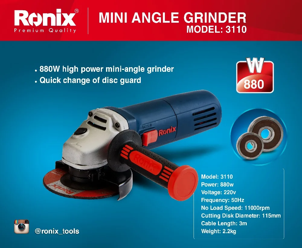 Ronix новый дизайн хит продаж Стоковая угловая шлифовальная машина 880 Вт 115 мм
