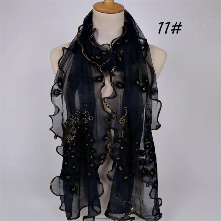 YRRETY, дизайн, Женский шифоновый павлиньи перья цветы, вышитый кружевной стильный шарф, Длинный мягкий шарф, шаль, женский шарф - Цвет: J077 11 Navy Blue