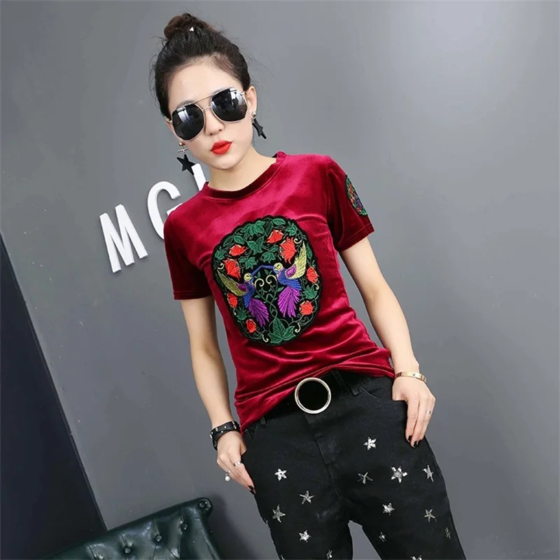 Spring Summer Embroidery T Shirt Women Velvet T Shirt