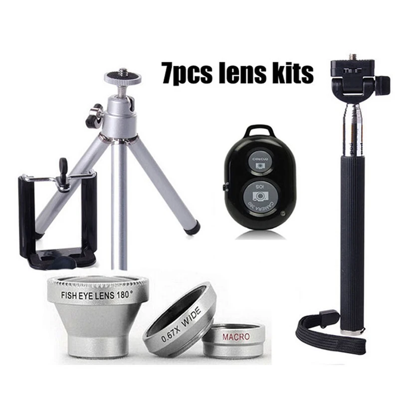 

7in1 Kit Phone Camera Lenses 3in1 Fish Eye Wide Angle Macro Lens+Clips Selfie Stick Monopod Mini Tripod Bluetooth Remote control