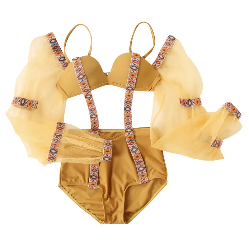 KEKAKA, желтый сетчатый Цельный купальник с длинным рукавом, женский купальник на косточках с высокой талией, монокини, цельный купальник