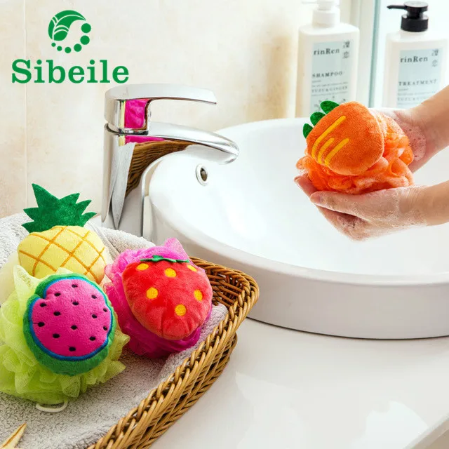 SBLE 6 pics fruit bath ball Baby bath towel with lovely flowers Cute Fruit Shape Bath Rub Brushes shower Sponges Soft Durable