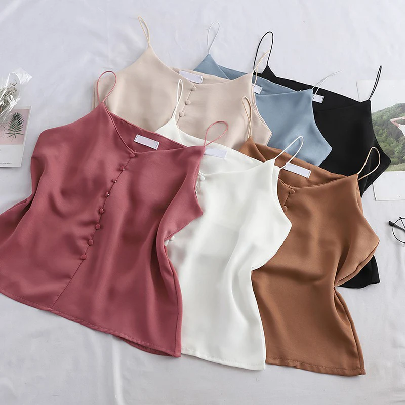 

Plain V Neck Stain Women's Camisole Tops Single Breasted Sleeveless Summer Sexy Tank Top Ladies 2019 Summer Solid Loose Camisole