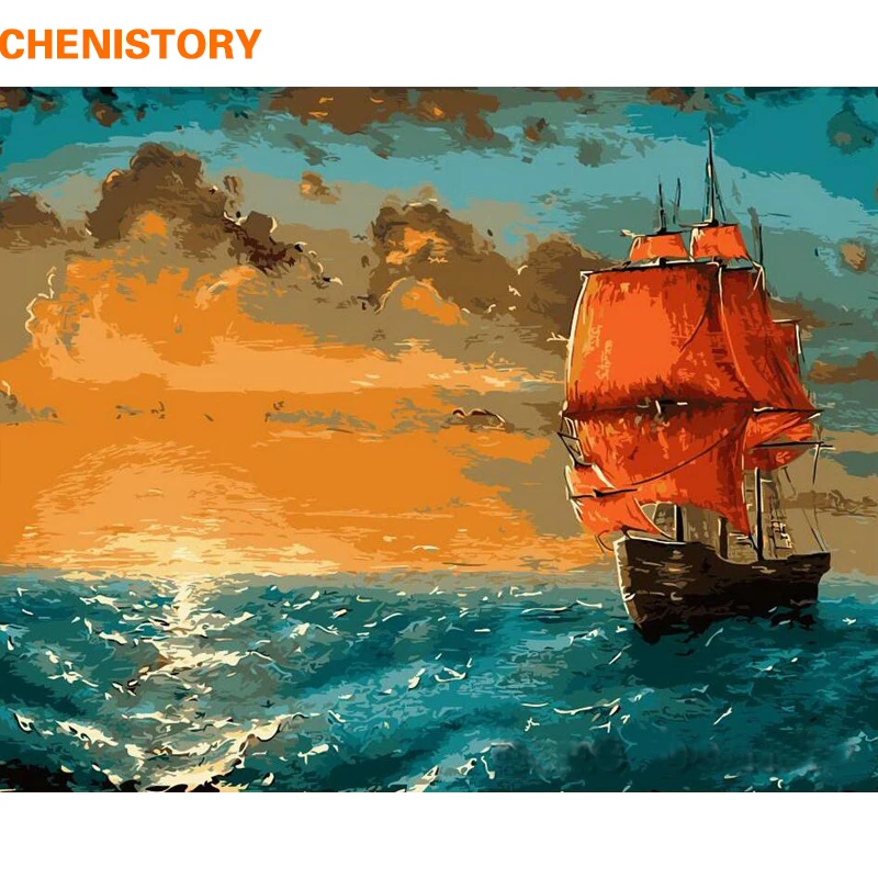 

CHENISTORY Sunrise Sea Boat DIY Painting By Numbers Kit Paint On Canvas Painting Calligraphy Landscape Drop Shipping Home Decor