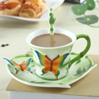 

Enamel Porcelain Coffee Cup Sets Colorful Butterfly Ceramic Tea Cups And Saucers British Office Teacup Porcelain Nice Gift