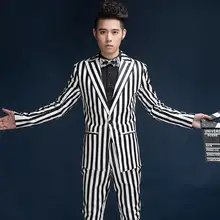 S-5XL Новинка года для мужчин костюмы мода тонкий черный, белый цвет в полоску Кожаный Блейзер плюс размеры торжественное платье