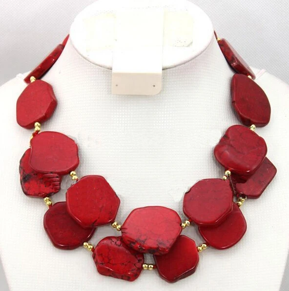 

Wedding 2 rows Woman Necklace Irregular Red stone Slice stone Choker pendant Necklace Gold color bead