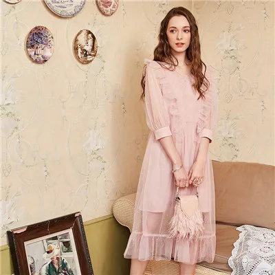 Женское платье с оборками ARTKA, розовое фатиновое платье из двух предметов с V-образным вырезом, платье феи, LA12581X, на весну-лето - Цвет: Розовый