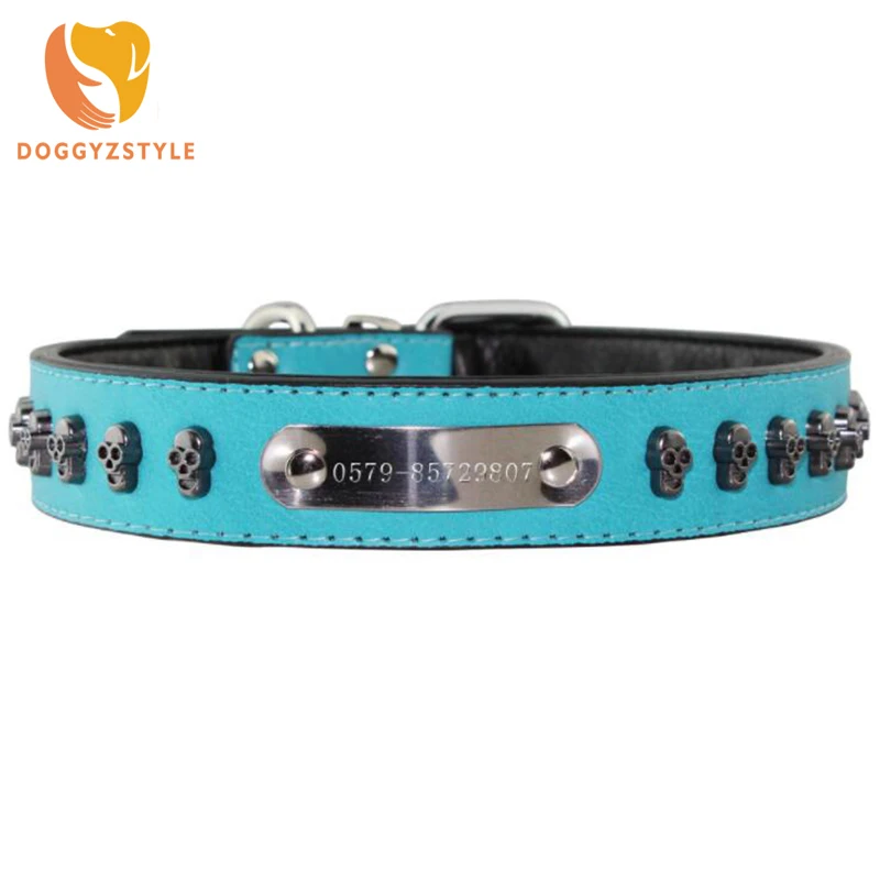 

DOGGYZSTLE Skull Studded Dog Collars Soft Fashion Genuine Leather Pet Accessories Adjustable For Small Medium Large Dogs Collier