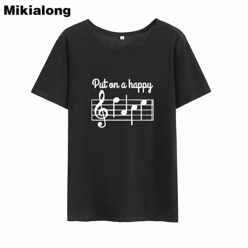 

Mikialong Put on A Happy Music Graphic Tee Shirt Femme 2018 Black White Cotton Women Tshirt Loose O-neck T Shirt Women Tops