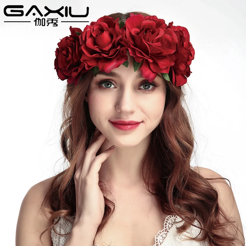 

Red Rose Flower Hairband For Women Wedding Party Elastic Tiaras Hair Accessories Female Romantic Halloween Hair Jewelry New 2019
