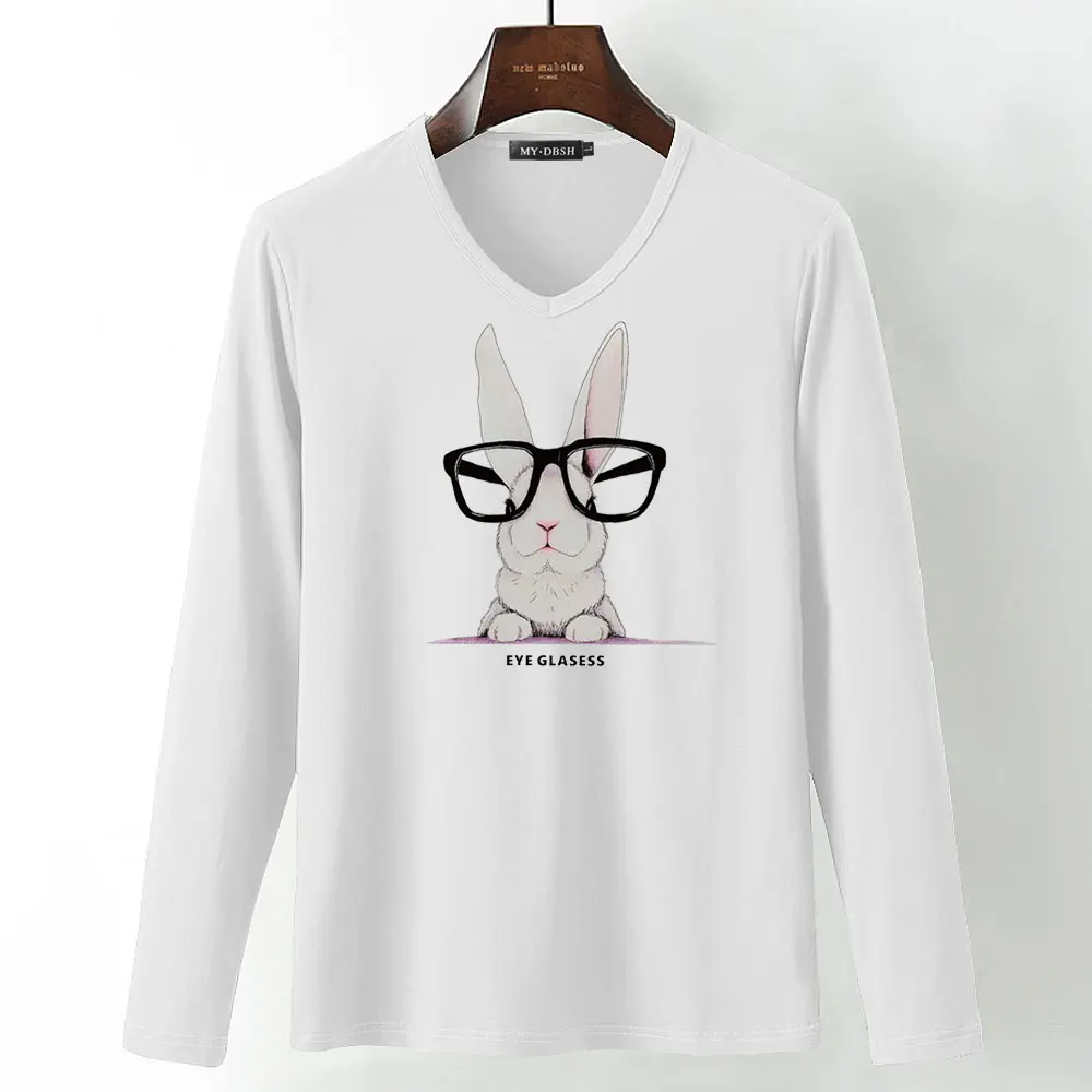 Camisetas Mujer, летняя футболка, Повседневная Хлопковая мужская футболка с рисунком кролика, принт с животными, мужские футболки с длинным рукавом и v-образным вырезом - Цвет: A18-V-White