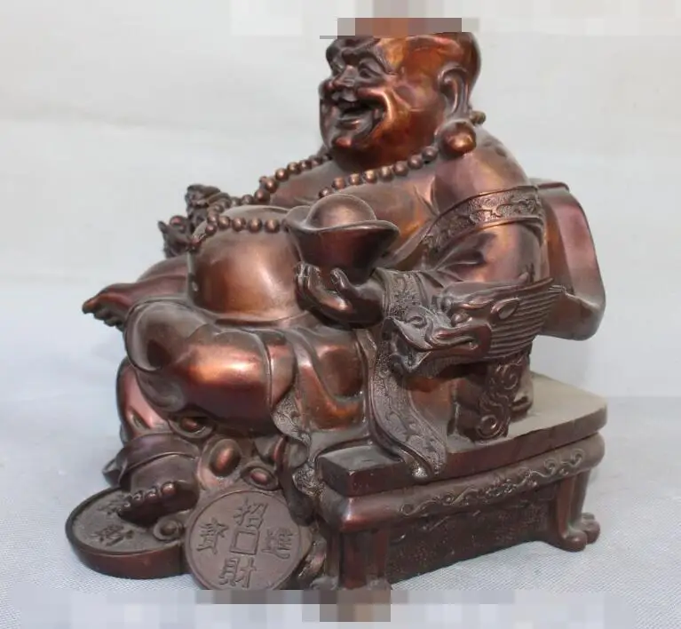 

S1646 China Red Bronze Copper Happy Laugh Smile Maitreya Buddha On Dragon Chair Statue