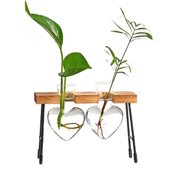 

Wooden Frame Glass Vase Heart Shape Hydroponic Plant Vase Vintage Flower Pot Table Desktop Bonsai Flower Vase Home Decor #LR5