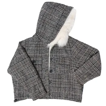 

New Large Fur Collar Hooded Houndstooth Women'S 2018 Winter Loose Elegant Female Woolen Coat Single Breasted Short Outerwear S60