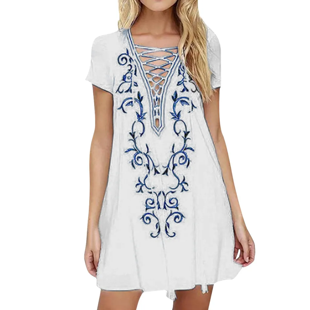 Для женщин платья для Новинка 2019 года модные летние короткий рукав Boho печати мини