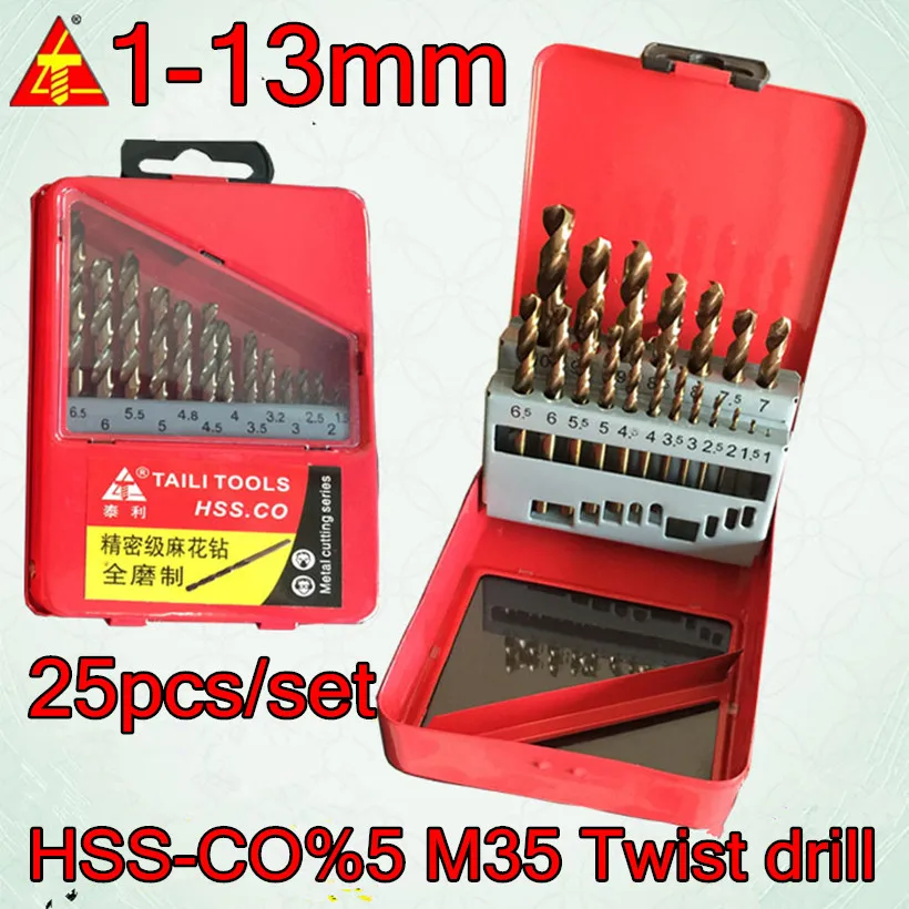 

1.0-13.0mm 25pcs/set HSS CO5% M35 Containing cobalt Twist drill Processing stainless steel etc. Free shipping