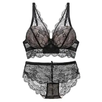

Women Bra Sexy Lingerie Solid Color Lace Embroidery Push Up With Steel Ring Gathering 3/4 Cup Bra + Panties Set