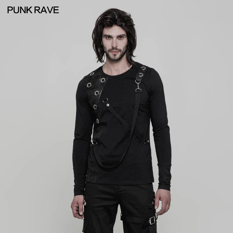 

Punk Rave Men's T-shirt Gothic Black Elastic Cotton Long Sleeves Steampunk Cool Tops Shirt Streetwear Personality T-shirt