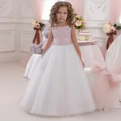 Розовое платье для девочек с цветами платье для первого причастия детские Вечерние платья этаж Длина Тюль Совок рукавов Праздничное платье