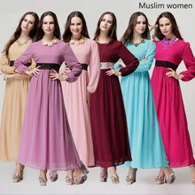 Womens Newest Kaftan Abaya Islamic Muslim Dress Decorated Lace Empire Waist O-Neck Long Sleeve Ankle-Length Elegant Casual Dress