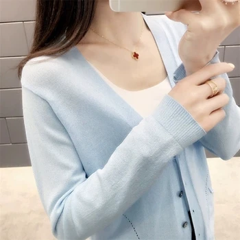 

New 2019 spring summer female thin knitted long ice silk sweater single-breasted pocket cardigan