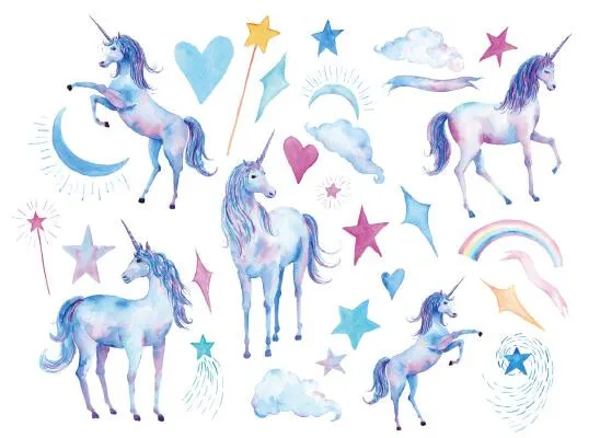 

Waterproof Temporary Fake Tattoo Stickers Watercolor Blue Unicorn Horse Design Kids Child Body Art Make Up Tools