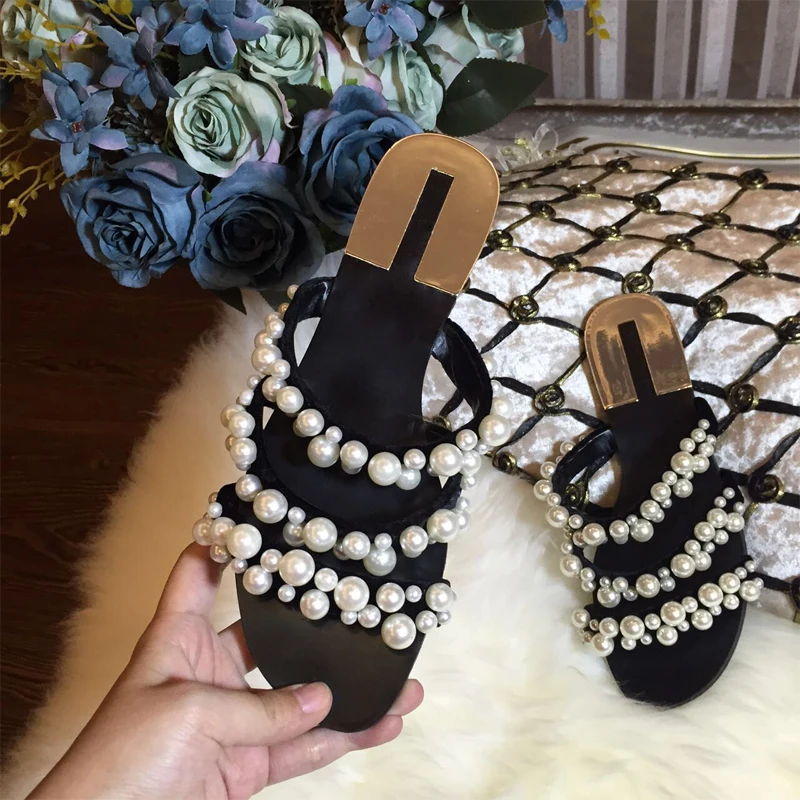 

Hot Sale Black Outdoor Party Dresses shoes Fulgurant Pearl Sandals thin Belt Roman Flat Women Flip Flops Casual Flat Slippers