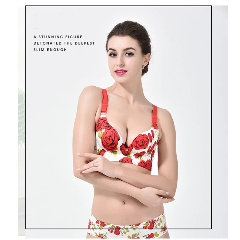 Famous Brand Sexy High Quality Women Print Bra set Silk Flower Push up