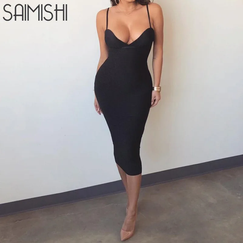 

Saimishi Sexy Deep V Corset Detail High Waist Shiny Cami Dress Fashion Sleeveless Bodycon Midi Glitter Dress Women Party Dress
