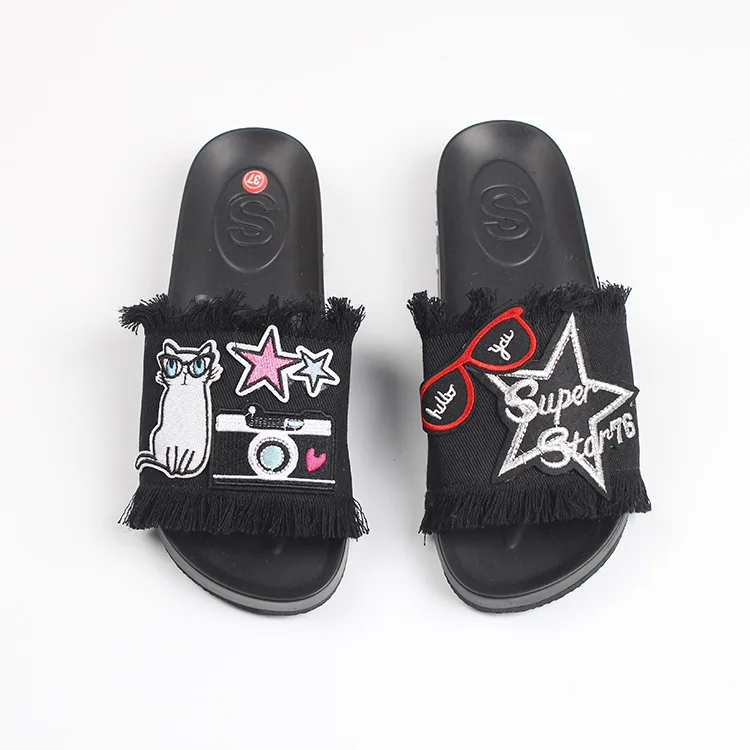 2019 Summer New Embroidery Womens Black Open Toe Slippers Tassel Denim Discount Womens Casual Shoes50