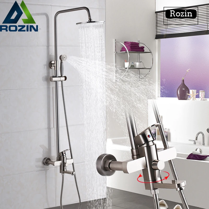 

Brushed Nickel Shower Set Faucet Single Lever Rainfall Shower Mixer Tap Wall Mount Swive Spout Bath Shower System