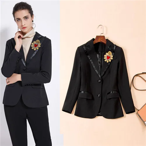 

High Quality Fashion 2018 Fall Winter Designer Jacket Women's Brand Pattern Black Blazer Outer Coat Blue Formal Office For Work