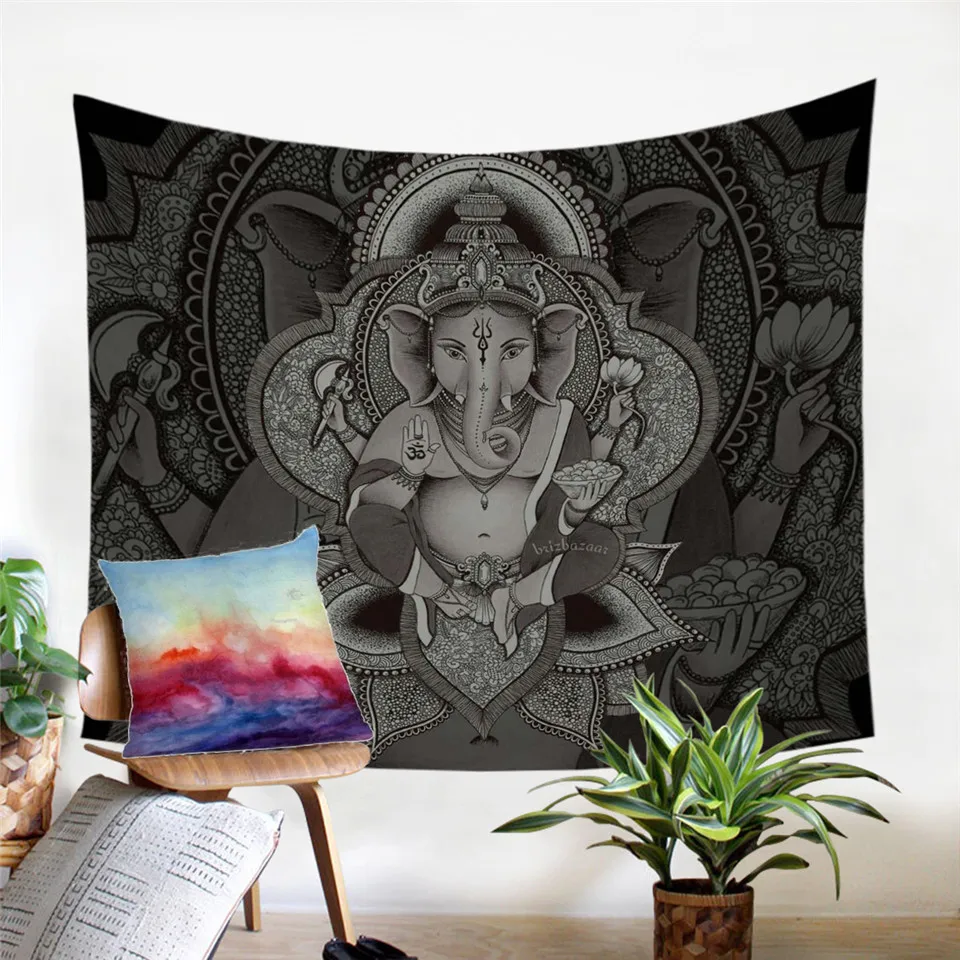 Online Brizbazaar Wandteppich Hängen Boho Elefanten Blatt Gott Tagesdecken Ethnische Symbol Wand Kunst Schwarz Grau Wohnkultur
