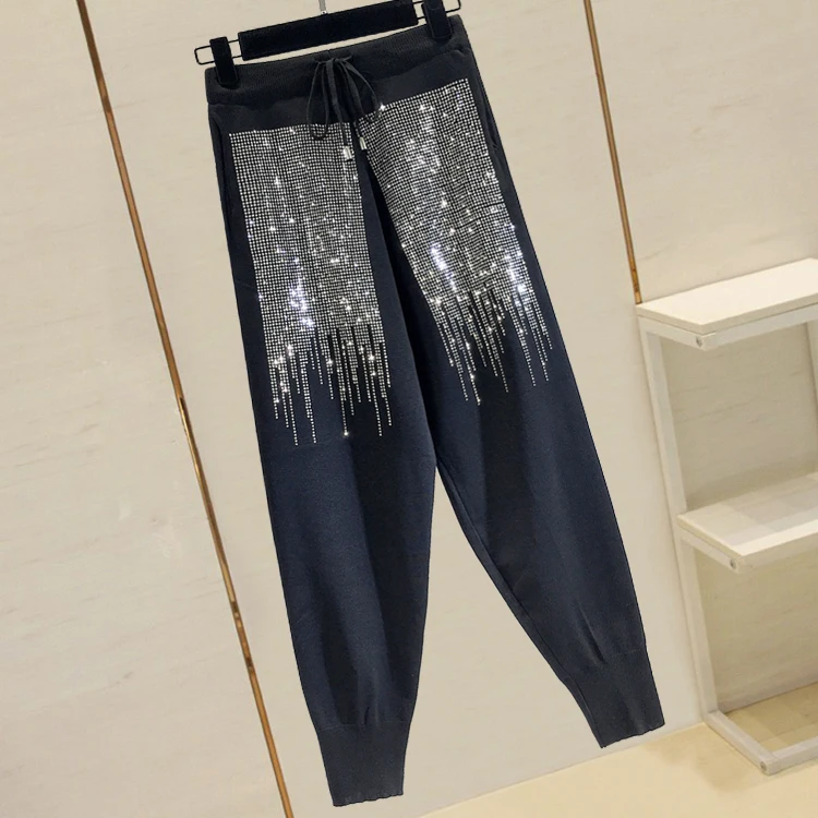 Женские трикотажные брюки длиной до щиколотки с кисточками, спортивные штаны с эластичной резинкой на талии, черные повседневные длинные брюки